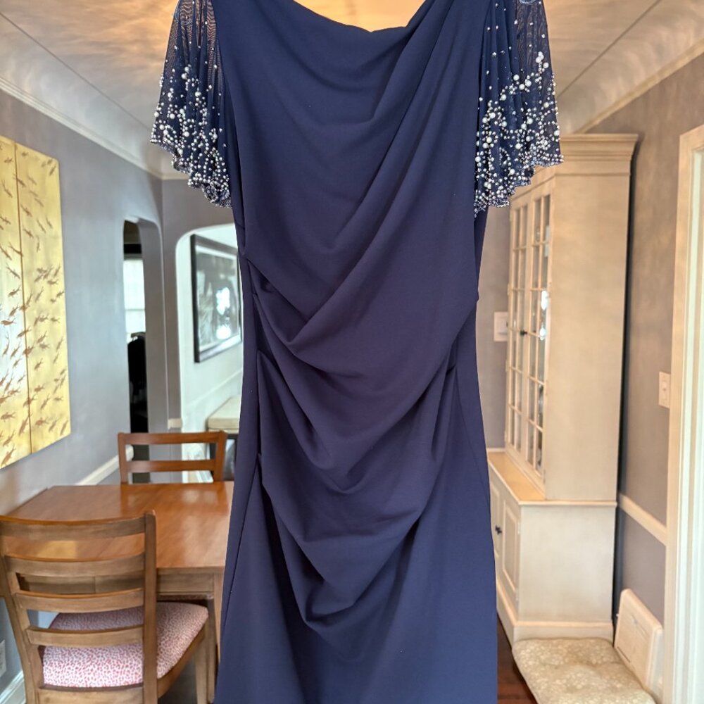 NWOT Betsy & Adam Navy Blue Midi Formal Dress with Beads and Pearls. Size 10P